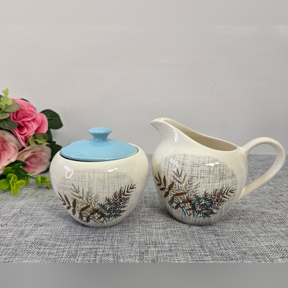 Vintage J & G Meakin Sol Creamer & Sugar Bowl Leaves Crosshatch 1950s White Blue